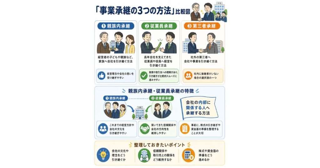 図解解説：「事業承継の3つの方法」比較図 親族内承継 従業員承継 第三者承継