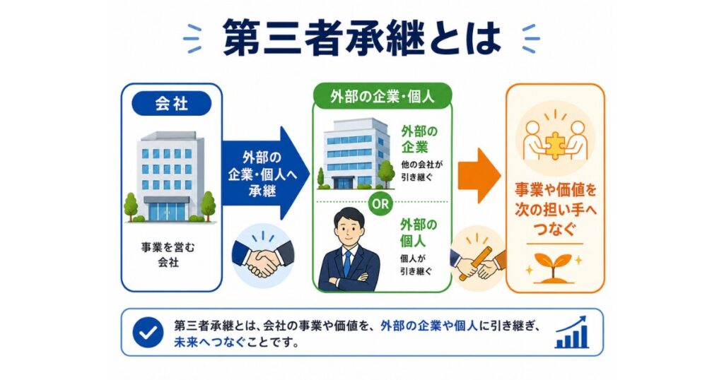 図解解説：「第三者承継とは」図 会社 → 外部の企業・個人へ承継 → 事業や価値を次の担い手へつなぐ